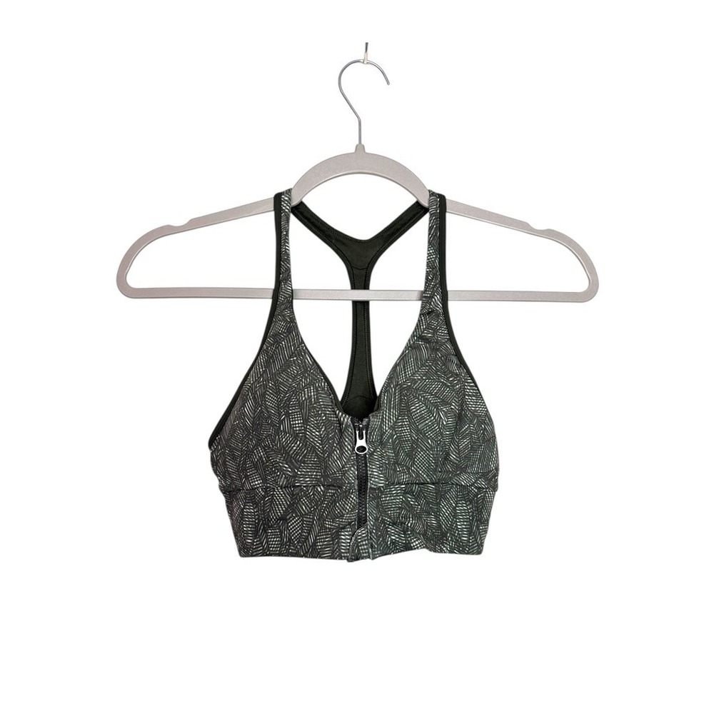 Lululemon Front Zip Racerback Sports Bra Dark Olive Green Leaf Print Size 4